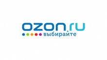 a blue and white ozon.ru logo with colored dots