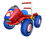 a red and blue toy car with a mario logo on it