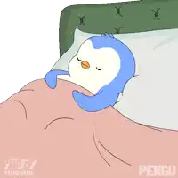 a cartoon of a penguin laying in a bed with the words puddy penguins on the bottom