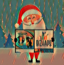 santa claus is holding a sign that says bizhaps in front of a christmas tree .