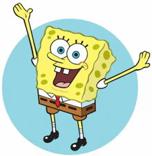 spongebob squarepants is standing in a blue circle with his arms outstretched and smiling .