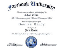 a facebook university certificate for george hindy 's degree of juris doctor