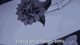 a woman in a white hat with the words constance loves amu written below her