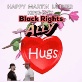 a happy martin luther king day black rights ally hugs greeting card with two men hugging each other .