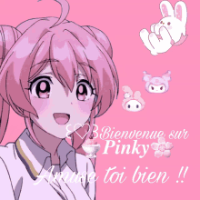 a pink background with a girl and the words bienvenue sur pinky above her