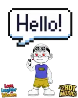 a cartoon character is holding a cell phone in front of a sign that says hello