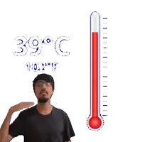 a man stands next to a thermometer that reads 39 degrees