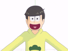 a cartoon character is wearing a yellow shirt with a green mushroom on the chest