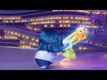 a cartoon character with blue hair is holding another character in her arms