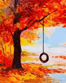 a tire swing is hanging from a tree in a painting of autumn .