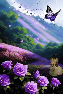 a painting of purple roses and butterflies in a forest