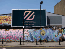 a billboard advertising enhancing creative industry with cryptocurrency is surrounded by graffiti