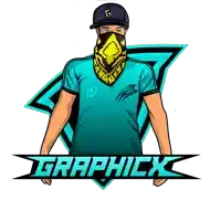 a logo for a company called graphicx with a man wearing a bandana