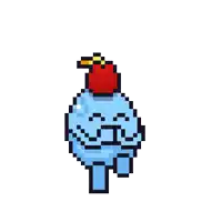 a pixel art illustration of a blue ice cream with a red apple on top .