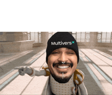 a man wearing a beanie that says multivers