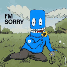 a cartoon of a man kneeling down with a flower in his hand and the words i 'm sorry above him