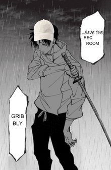 a black and white drawing of a man holding a sword with the words " save the rec room " behind him