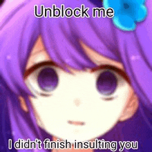 a purple haired anime girl with a blue flower in her hair is talking to someone .