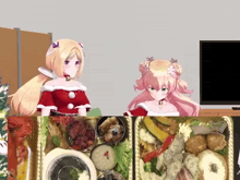 two anime girls standing next to each other in front of a tv
