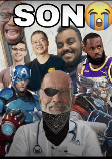 a poster of a doctor with a bandana around his neck surrounded by superheroes