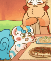 a cartoon drawing of a cat sitting at a table