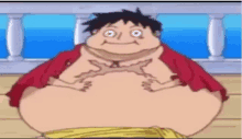 a cartoon character with a very large belly is sitting on a wooden floor .