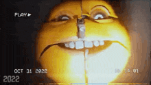 a close up of a yellow face with the date october 31 2022 on it