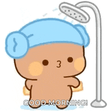 a cartoon bear is taking a shower with a towel around his head .