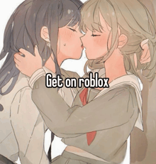 a drawing of two girls kissing with the words get on roblox below it