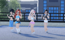 a group of anime girls are standing next to each other in front of a building