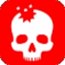 a white skull with a red circle around it on a red background .