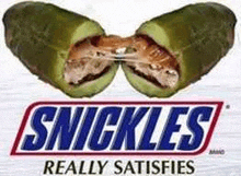 a picture of a snickers ice cream bar with a pickle on it .