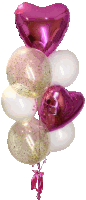 a bunch of pink and white balloons with a pink heart shaped balloon