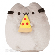 a stuffed cat with a slice of pizza on its head