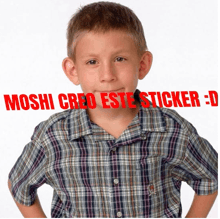 a young boy wearing a plaid shirt has the words moshi cred este sticker written on his shirt