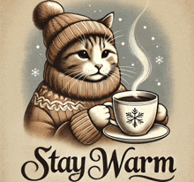 a cat wearing a sweater and hat is holding a cup of hot coffee