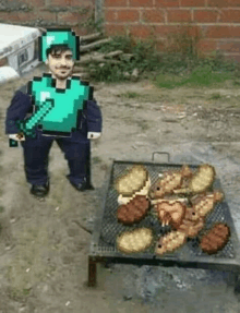 a man dressed as a minecraft character is standing next to a grill filled with food .