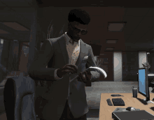 a man in a suit and glasses is looking at his phone