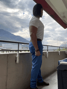 a man in a white shirt and blue pants stands on a balcony overlooking mountains