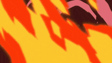 a cartoon character is surrounded by flames and a shadow