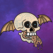 a cartoon drawing of a skull with wings eating a cookie