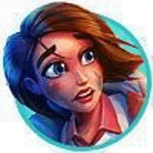 a cartoon girl with brown hair and blue eyes is looking up in a circle .