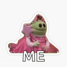 a frog is wearing a pink dress and holding a star and a sticker that says me