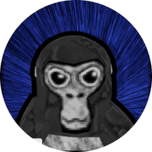 a black and white drawing of a gorilla with a blue circle around it