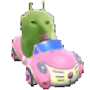 a cartoon character is driving a pink car with a green head .
