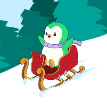 a green and white penguin wearing a purple scarf is riding a red sled down a snowy hill