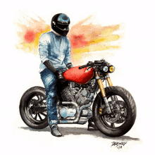 a painting of a man sitting on a yamaha motorcycle with the year 2018 on the bottom