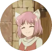 a girl with pink hair and cat ears is smiling