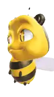 a yellow and black cartoon bee with big eyes looks at the camera