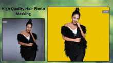 a picture of a woman before and after being masked with high quality hair photo masking